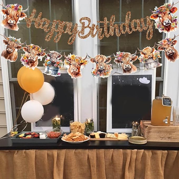 Brown Glitter Highland Cow Birthday Banner - Cattle Themed Party Decorations for Baby Shower Supplies