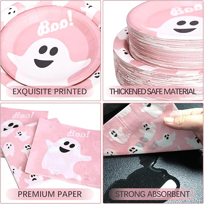180Pcs Halloween Party Supplies Serve 60,Pink Ghost Paper Plates and Napkins Disposable Dinnerware Kit,for Trick or Treat Birthday Party Decorative