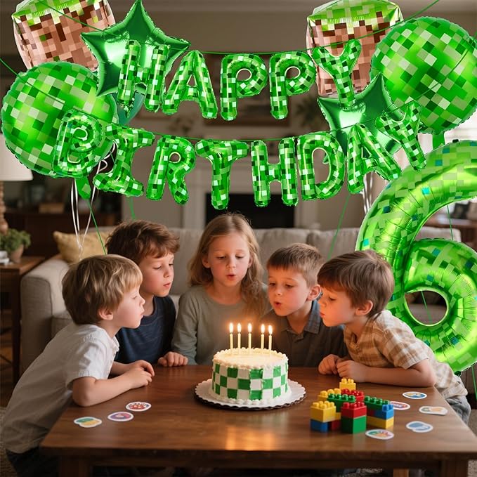 Green Pixel Themed Happy Birthday Banner Party Decorations Set Including 40 Inch Number 6 Foil Balloons, Themed Party Essentials, TNT Pixel Backdrop Supplies for Boys Indoor Outdoor Celebration