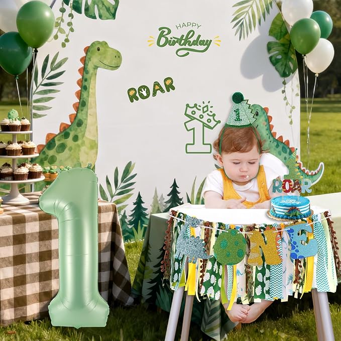 Dinosaur Highchair Banner for First Birthday Party Decorations Green Jungle Dinosaur Theme High Chair Tassel Banner for Boys Little Dino Roar 1st Birthday Fabric Banner Photo Props Backdrop Decorations
