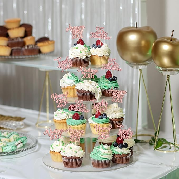 30Pcs Vintage 2001 Cupcake Toppers Glitter Twenty-Five 25 Fabulous Happy 25th Birthday Cupcake Picks Awesome Since 2001 Cake Decorations for 25th Birthday Retirement Party Supplies Rose Gold