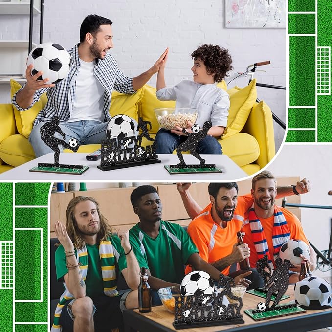 Geetery 7 Pcs Soccer Table Top Decorations Centerpieces Soccer Ball Happy Birthday Wooden Signs Player Silhouette Detachable Gifts for Football Fans Club Sports Theme Party Supplies
