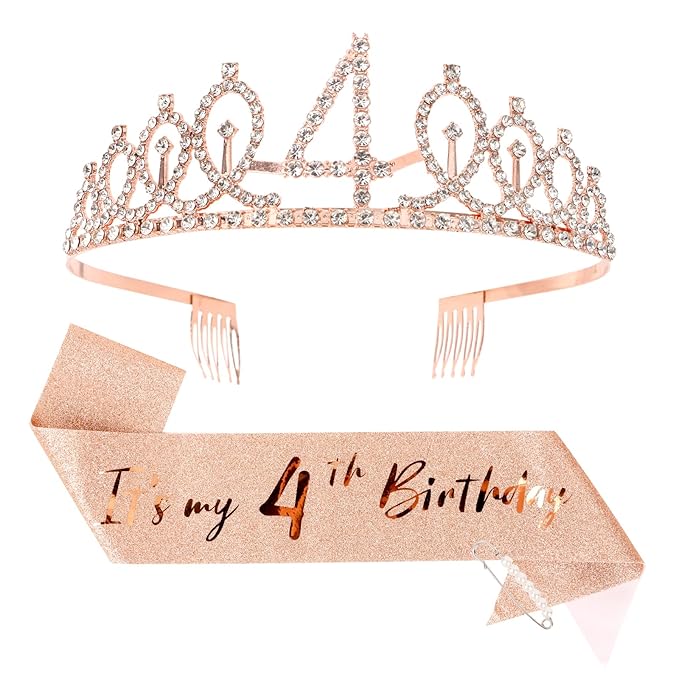 CIEHER 4th Birthday Crown + 4th Birthday Sash + Pearl Pin Set, It's My 4th Birthday Sash, 4 Birthday Tiara, 4th Birthday Decorations for Girls, 4th Birthday Gifts
