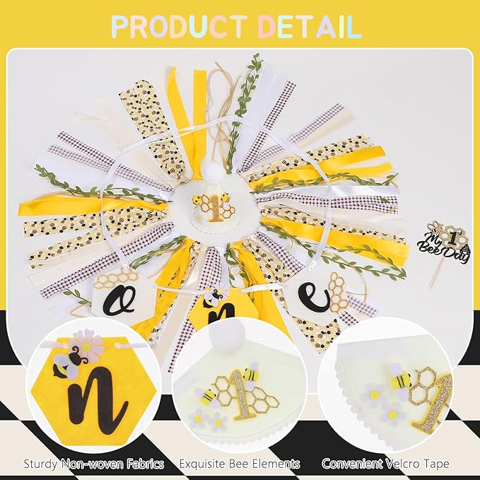 Bee Theme Highchair Banner for Baby First Birthday Party Decorations Happy 1st Bee Day High Chair Tassel Garland for Boys Girls Bumble Bee One Birthday Photo Props Backdrop Decor with Cake Topper
