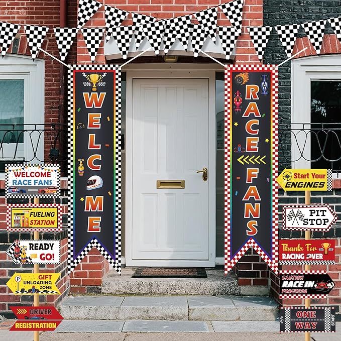Race Car Birthday Party Decorations Race Car Hanging Banner Triangle Flag Welcome Race Fans Porch Yard Signs Decoration for Let's Go Racing Party Supplies Birthday Backdrop Photo Props Outdoor Decor