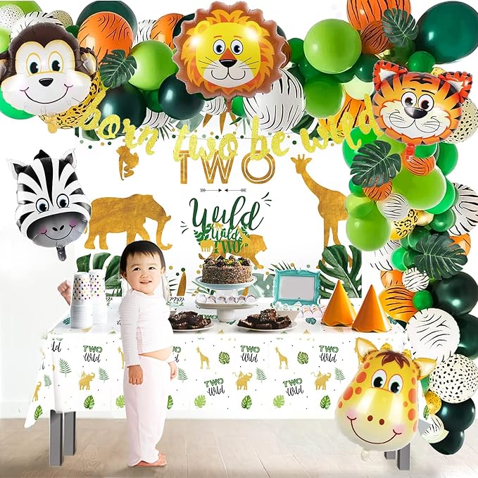 Two Wild Birthday Decorations - Safari Jungle Theme 2nd Birthday Party Supplies Includes Banner, Backdrop, Balloons Arch, Tablecloth, Topper, Two Wild Jungle Safari Theme Party Decorations