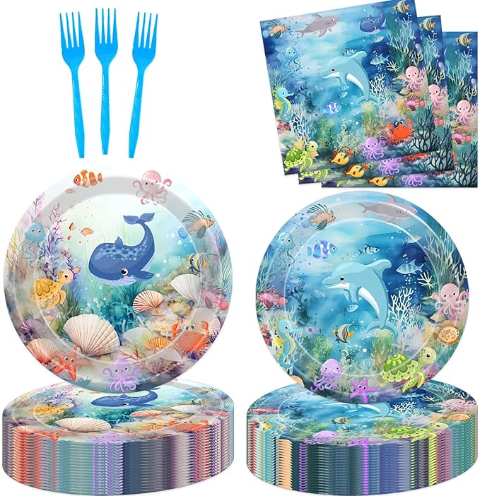 Under The Sea Party Plates Ocean Disposable Paper Plates Dinnerware for Underwater World Sea Life Theme Baby Shower 1st 2nd 3rd 4th Birthday Party Decorations