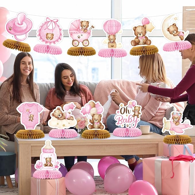 Tarklanda 12 Pcs Baby Shower Honeycomb Centerpieces Teddy Bear Themed Party Honeycomb Table Decoration Birthday Table Centerpieces for Baby Shower Gender Neutral Wedding Supplies (Pink Bear)