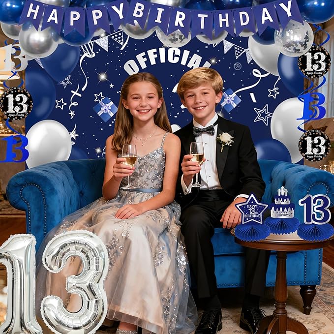 13th Birthday Decorations for Boys Girls, Blue Silver 13 Year Old Boy Bday Decor, Number 13 Balloon Happy 13th Birthday Banner Backdrop Honeycomb Centerpieces for Official Teenager Party Supplies