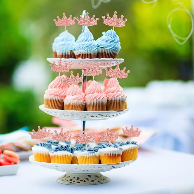 Ephlyn 24Pcs Crown Cupcake Toppers Glitter Queen Crown Cupcake Picks for Queen Princess Theme Baby Shower Girls Wedding Birthday Party Cake Decorations Supplies Rose Gold