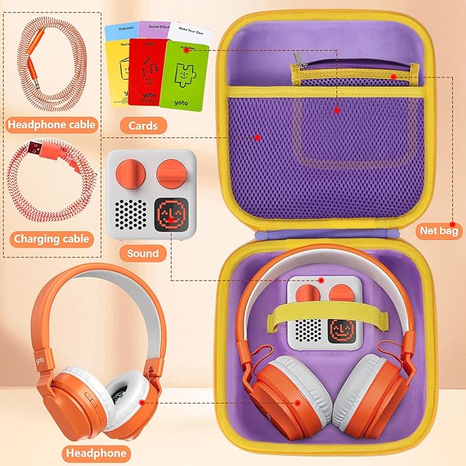 Storage Case Compatible with YOTO Mini + Headphones Kids Audio Player Travel Device Stories Music Podcast Radio Speaker (Purple + Yellow Zipper)