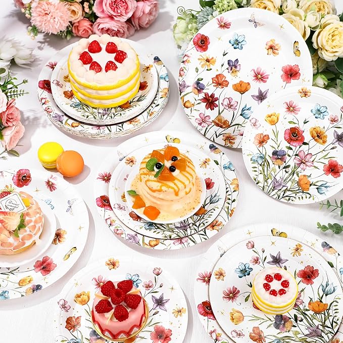 60 Pcs Spring Wildflower Paper Plates 9 in and 7 in Floral Party Decorations Butterfly Plates Wild Floral Disposable Dinner Tableware for Baby Shower Wedding Tea Summer Birthday Supplies