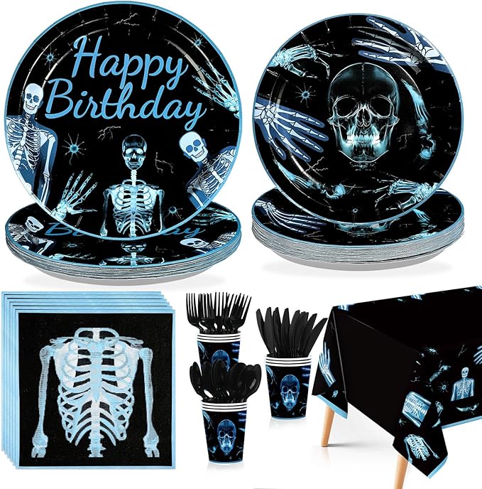 170Pcs X Ray Birthday Party Supplies Radiology Plates and Napkins Cups Forks Tablecloth Radiology Medical X Ray Skeleton Goth Theme Tableware Set for Kids Adults Birthday Party Supplies Serves 24