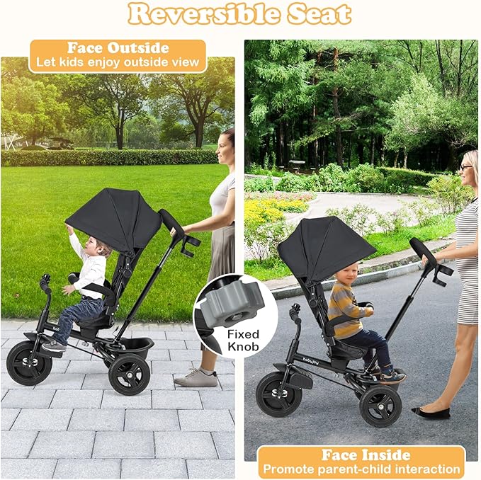 BABY JOY Tricycle, 6 in 1 Trike for Toddler w/Reversible Seat, Adjustable Canopy & Parent Handle, 5-Point Safety Belt, PU Wheels and Storage Basket, Push Tricycle for 9-60 Months (Black)