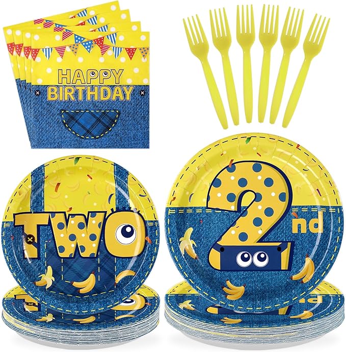96 Pcs Yellow Cartoon 2nd Birthday Party Supplies Yellow Jeans Banana Plates and Napkins Disposable Big Eyes Cartoon Tableware Set for Boys Girls 2 Years Old Birthday Party Decorations Serves 24