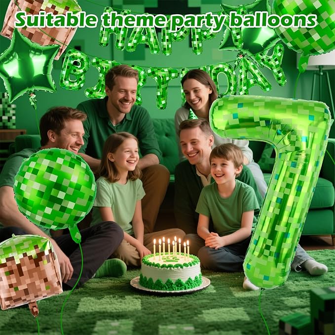 Green Pixel Themed Happy Birthday Banner Party Decorations Set Including 40 Inch Number 7 Foil Balloons, Themed Party Essentials, TNT Pixel Backdrop Supplies for Boys Indoor Outdoor Celebration