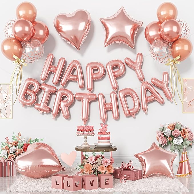 29PC Rose Gold Happy Birthday Balloon Banner, 16 Inch 3D Aluminum Letter Banner Sign, Pearl Rose Gold Metallic Balloons 18 Inch Star Heart Foil Balloons for Women, Men Party Decorations
