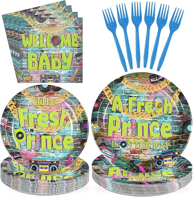 96Pcs Fresh Prince Baby Shower Party Decorations 90s Hip Hop Graffiti Plates and Napkins Disposable Vintage Themed Tableware Set for 90s Fresh Prince Boys Baby Shower Birthday Party Supplies Serves 24