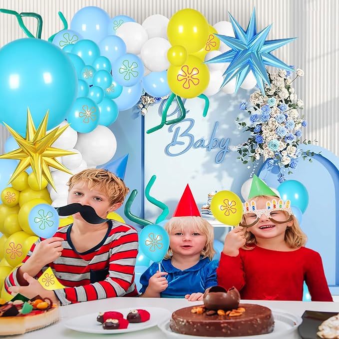 145 Pcs Yellow Blue White Balloon Garland Arch Kit,Cartoon Baby Balloons Party Decorations, for Anime Tropical Ocean Boys Girls Birthday Party Supplies
