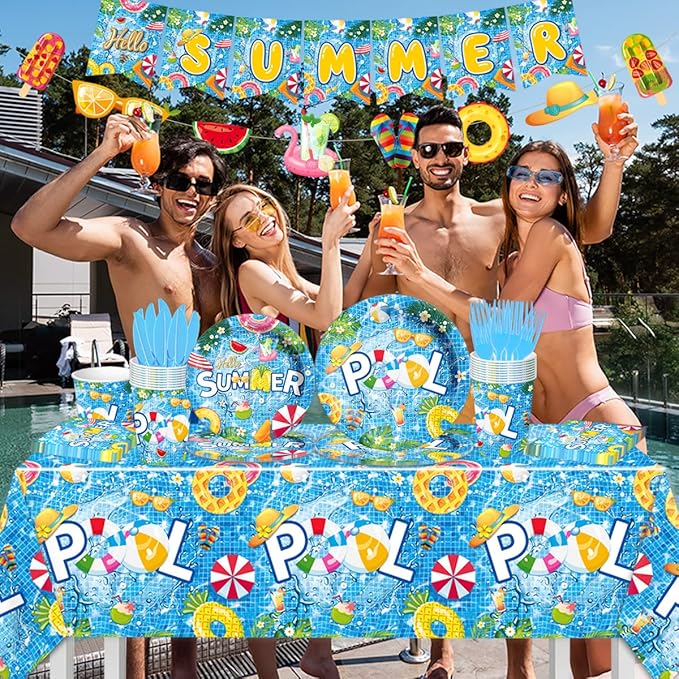 Pool Party Decoration-143Pcs Summer Tableware Pool Hello Summer Plates and Napkins Set Beach Hawaiian Pool Birthday Party Supplies,Summer Swimming Disposable Tableware Serve 20 Guests
