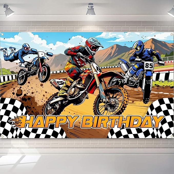 Dirt Bike Birthday Decorations, Dirt Bike Happy Birthday Banner Backdrop, Motocross Theme Backdrop Banner Party Supplies Decorations