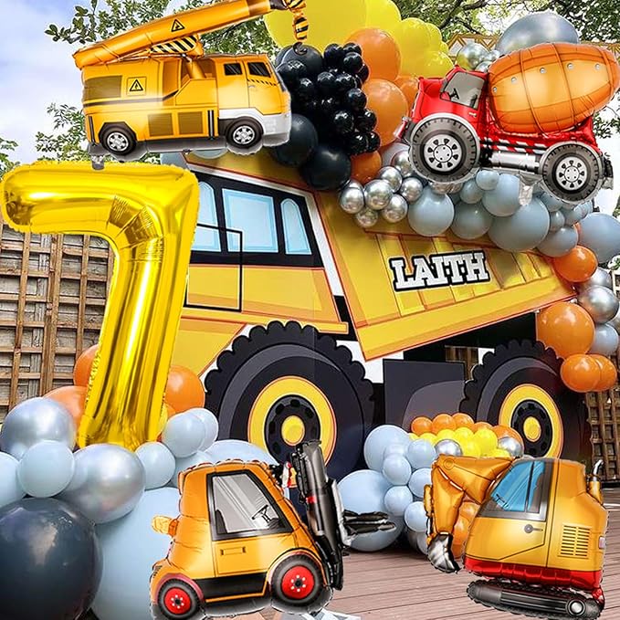 Large Gold Number 6 Balloons, Construction Truck Foil Balloons for Boys 7th Birthday Party Decorations