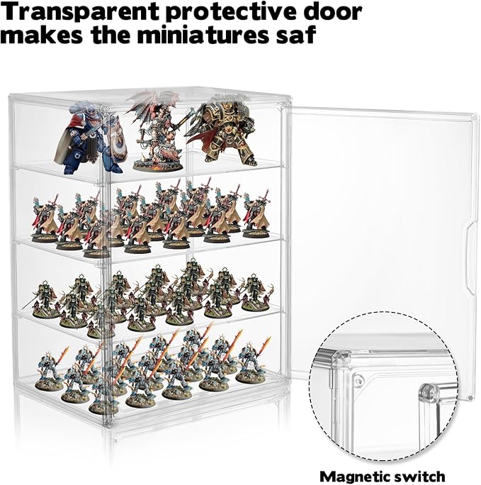 Clear Acrylic Miniature Storage Case for Collectibles Stackable Miniature Carrying Case Transport Action Figure Display case with Magnetic Door for Death Guard 40k Warhammer 40k Miniatures