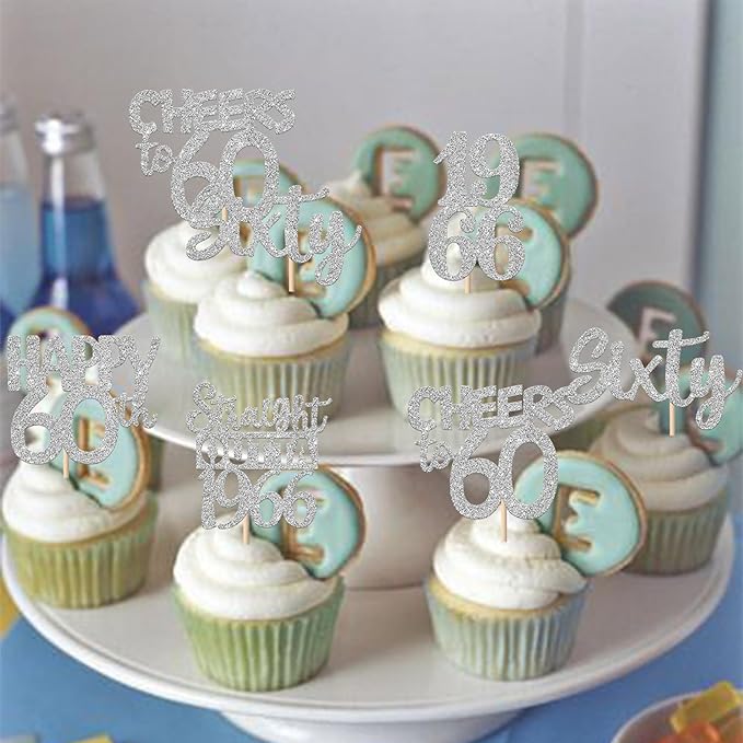 30PCS 60th Birthday Cupcake Toppers Glitter Sixty Happy 60 Straight Outta 1966 Cupcake Picks for Cheers to 60 Years 60th Birthday Wedding Anniversary Party Decoration Supplies Silver