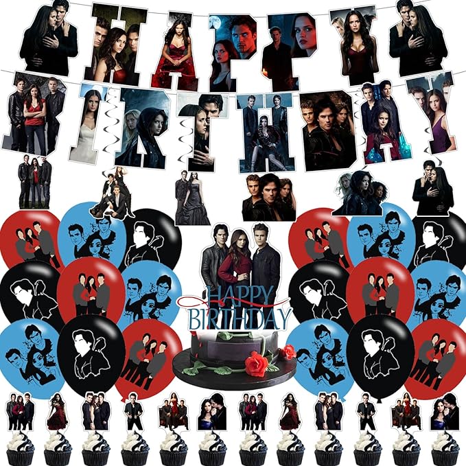 The Vampire Diaries Party Decorations,Birthday Party Supplies For Party Supplies Includes Banner - Cake Topper - 24 Cupcake Toppers - 18 Balloons-6 Swirls