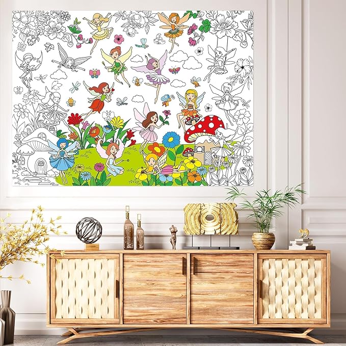 Fairy Garden Coloring Poster for Kids Giant Spring Coloring Poster Large Fairy Party Flower Coloring Tablecloth Jumbo Coloring Books for Kids Classroom Home Birthday Party Supplies Favor