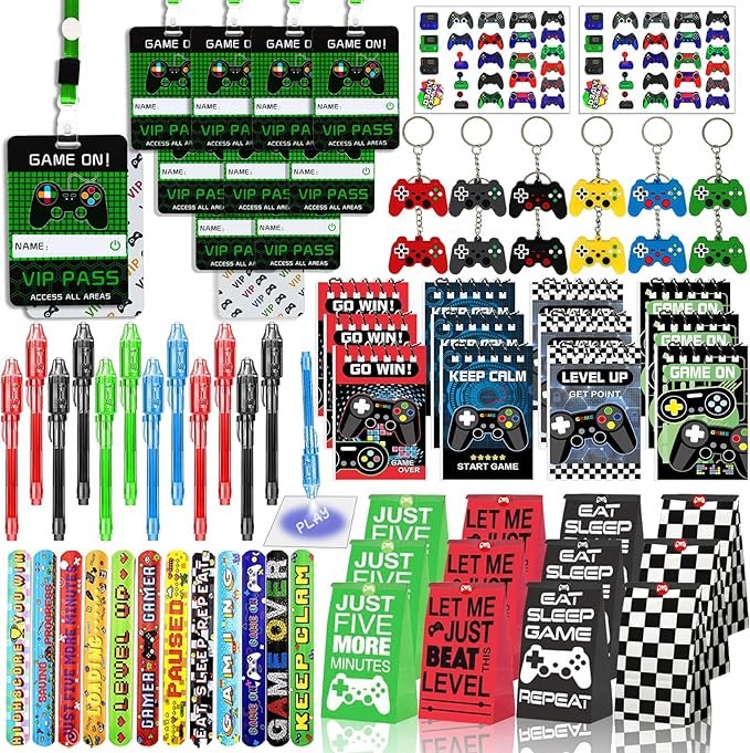 146 Pcs Video Game Party Favors, Gamer Party Favor -Ink Pen Notebook VIP Passes with Lanyards Slap Bracelets Keychains Bags Tattoo Stickers for Kids Gaming Party Favors Game On Birthday Partys Favor