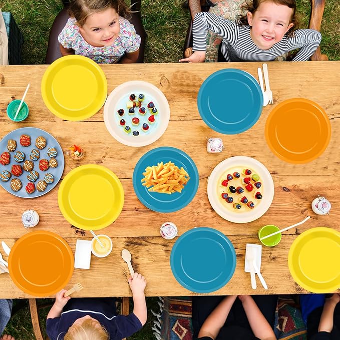48Pcs Here Comes The Son Party Paper Plates for Retro Blue Orange Mustard Yellow Table Supplies 7" First Trip Around The Sun Boho Disposable Dessert Tableware for Boy Birthday Baby Shower Decorations
