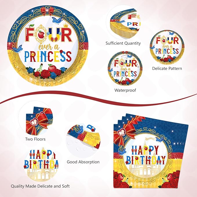 96 Pcs Snow Princess 4th Birthday Party Supplies Cartoon Snow Plates and Napkins Red Blue Yellow Tableware Set for Girls 4th Birthday Baby Shower Princess Theme Party Supplies, Serves 24