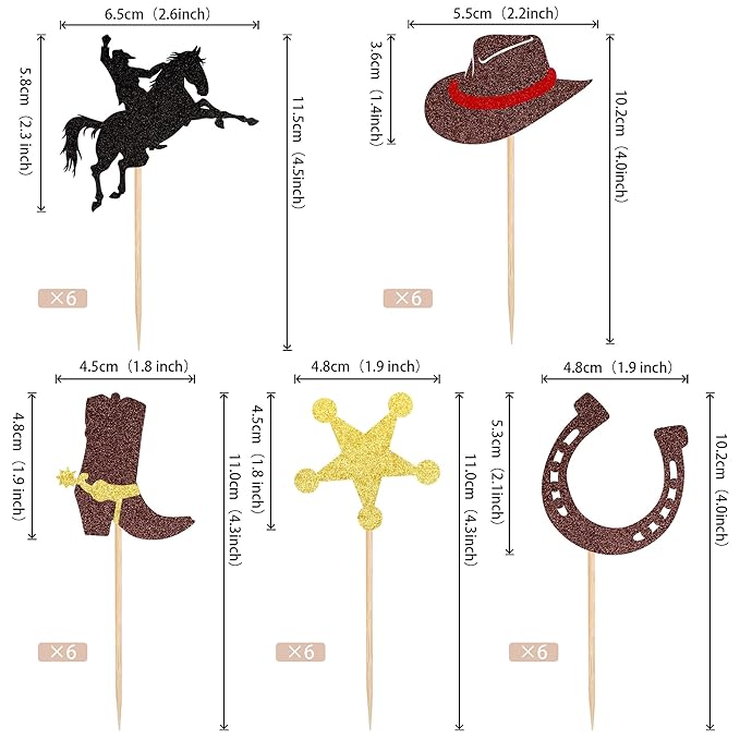 30 PCS Cowboy Cupcake Toppers Glitter HorseShoe Cowboy Hats Boots Cupcake Picks Western Theme Baby Shower Birthday Party Cake Decorations Supplies