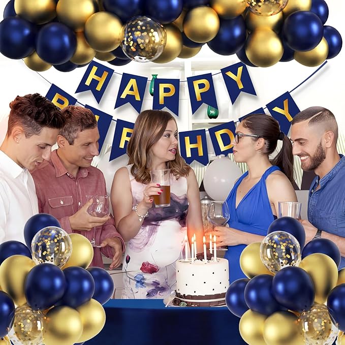 Navy Blue Birthday Party Decorations for Men Decor 100pcs Gold and Navy Blue Balloons Garland Arch Kit Pre-Strung Happy Birthday Banner Girls 16th 18th 30th 40th 50th 60th 70th 80th 90th for Boys