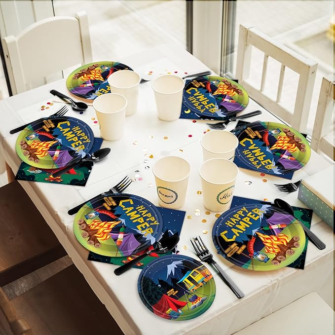 96 Pcs Camping Party Supplies Paper Plates Napkins Happy Camper Birthday Decorations Camping Adventure Party Tableware Set for Boys Baby Shower Serves 24