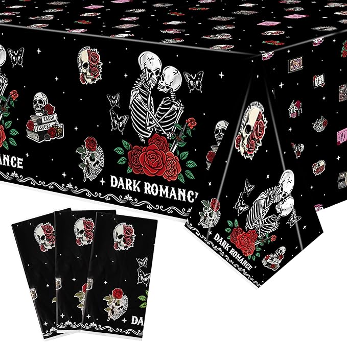 3Pcs Dark Romance Party Tablecloths - Skull Rose Gothic Party Table Cover Decoration Book Lover Theme Rectangular Plastic Disposable Table Cloth Decor for Kid Boy Girl Gothic Birthday Book Lover Event