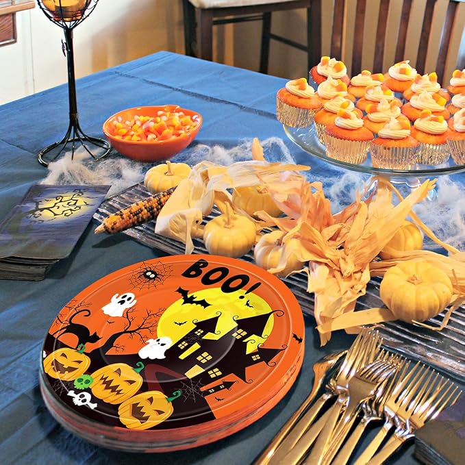 50 Pcs 9-Inch Halloween Paper Plates - Spooky Haunted House Party Supplies Set, Disposable Tableware with Ghost, Pumpkin, and Bat Designs for Candy, Snack, Dessert, Trick or Treat Decorations