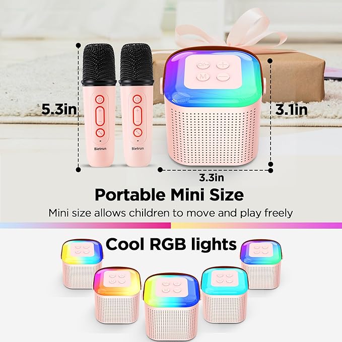 Mini Karaoke Machine with 2 Wireless Microphones for 5+ Years Old Kids, Rechargeable Portable Bluetooth Karaoke Singing Speaker with Voice Changing, RGB Light, for Birthday, Family, Home Party Gift