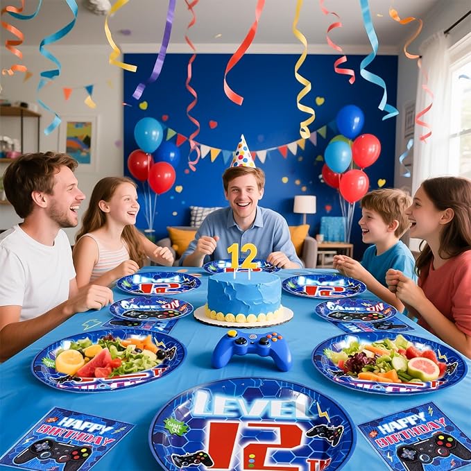 Grencian 96 Pcs 12th Video Game Birthday Party Decorations Blue Video Game Level 12 Birthday Plates and Napkins Tableware Sets for Boys 12 Years Old Gamer Gaming Party Supplies Favors Serves 24