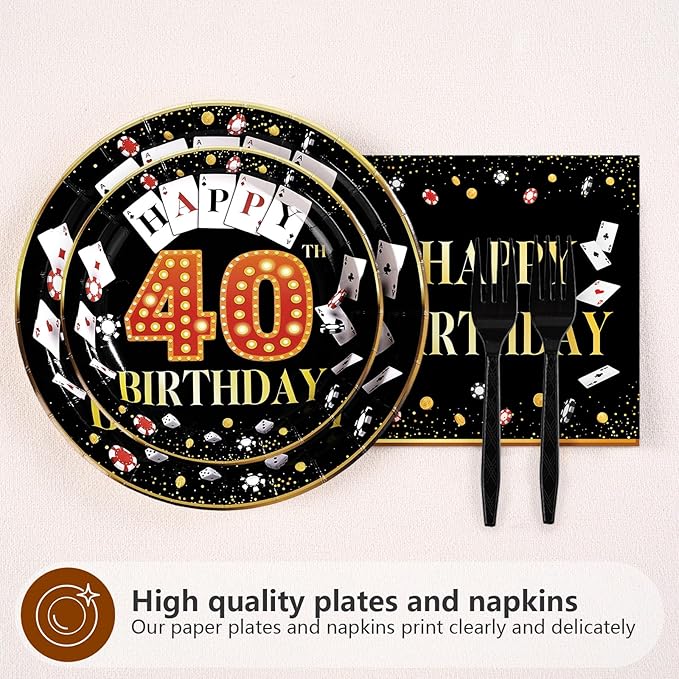 96Pcs Casino 40th Birthday Decoration Casino Themed Paper Plates and Napkins 40th Las Vegas Party Decoration for 40 Years Birthday Poker Game Night Vegas Party Supplies