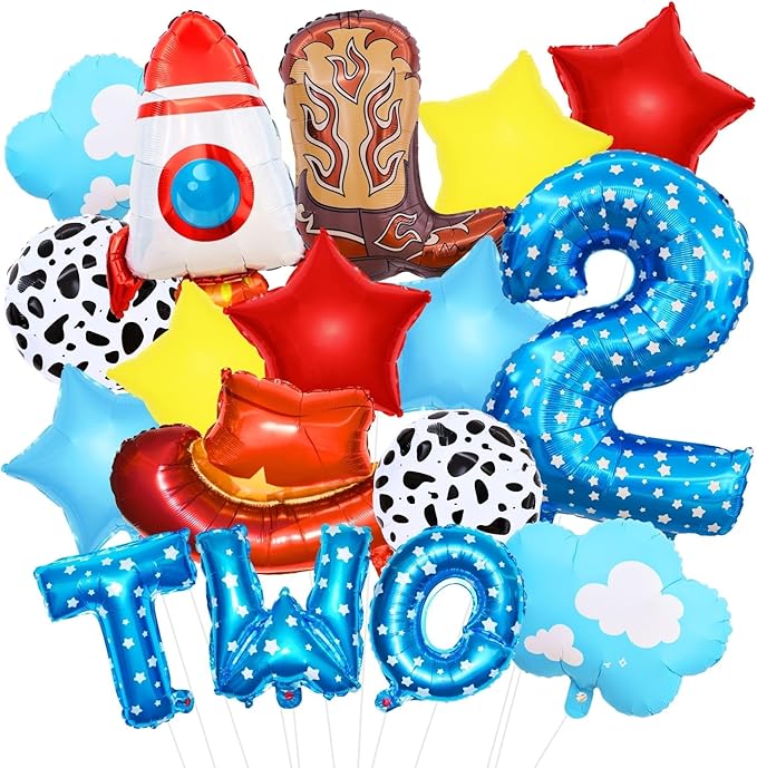 Toy Themed Story Birthday Decoration Balloon Set,Cartoon Style Birthday Rocket,Cowboy Hat,Boots,Clouds,Star Patterns, For kid Party Supply (2nd-Two Infinity and Beyond)