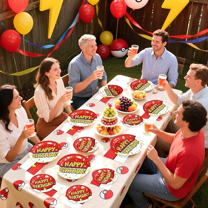Grencian 200Pcs Happy Birthday Party Supplies Cartoon Anime Paper Plates and Napkins Tableware Sets Red and White Yellow Lightning Decoration for Birthday Cartoon Fun Kids Children Party Serves 50