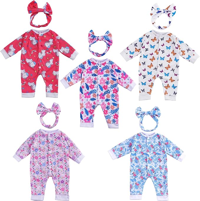BABESIDE Reborn Baby Doll Clothes for 17-22 Inch Dolls, 5 Sets Baby Doll Clothes Outfits Accessories - Romper Suit and Headband for Baby Doll Boy&Girl Kids Age 3+ Gift