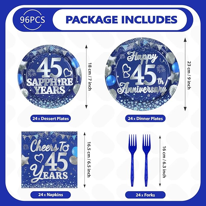 96Pcs 45th Anniversary Decorations Blue Sapphire 45th Wedding Plates and Napkins Cheers to 45 Years Tableware Sets for 45 Birthday Anniversary Party Supplies,Serves 24