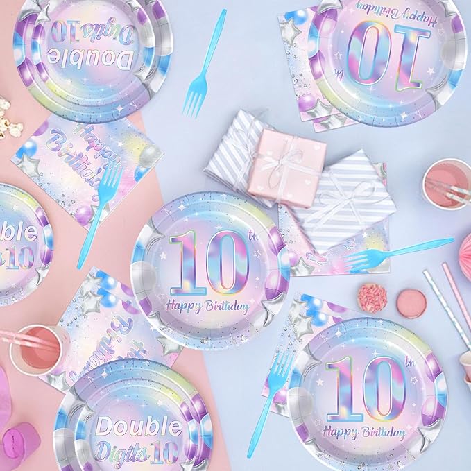 96 Pcs 10th Birthday Party Supplies Iridescent Double Digits Birthday Girl Plates and Napkins Tableware Set In My Double Digits Era Party Decor for 10 Year Old birthday Decorations Girl Boy Serves 24
