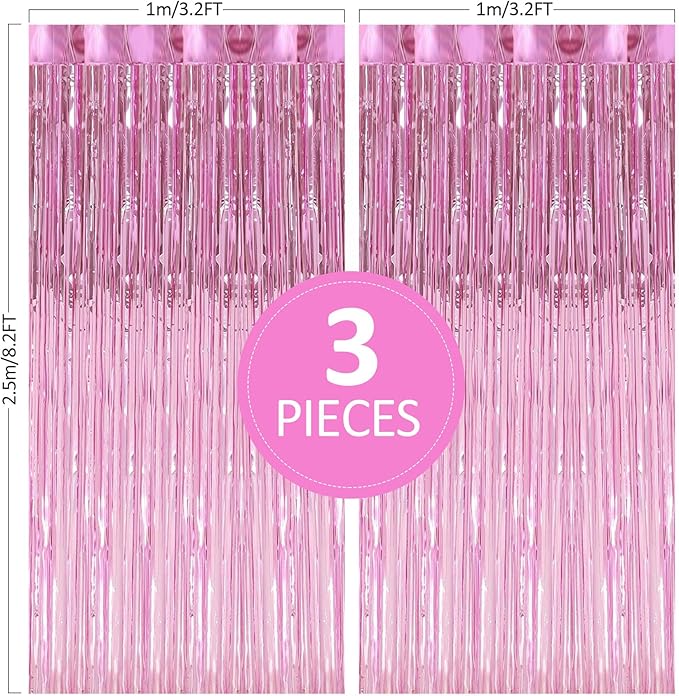 Curtain Pink Foil Backdrop, 3 PCS 3.3 x 9.9 ft, for Galentines Day Decorations, Birthday, Graduation, Engagement Party Decorations