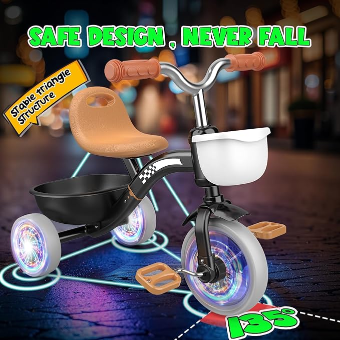 Toddler Tricycle for 1-3 3-4 Year Olds, 2 3 4 Year Old Boy Girl Birthday Gifts, Toddler Baby Bike, 3-Level Adjustable Seat, 3 Color Light Wheels, 2 Baskets, Outdoor Riding Toys for Ages 2-4