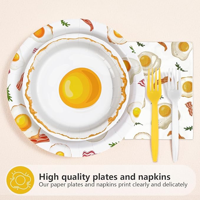 96Pcs Breakfast Birthday Decorations Bacon Fried Egg Plates and Napkins Xmas Brunch Theme Birthday Decoration Favors for Kids Adults Bday Baby Shower BBQ Picnic Holiday Party Supplies Serves 24