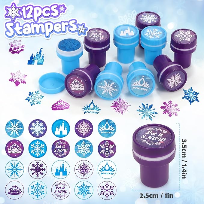Winrayk 98Pcs Frozen Party Favors Birthday Supplies, Non Woven Tote Bag Stamper Snowflake Keychain Sticker Slap Bracelet, Pinata Filler Goodie Stuffer Classroom Prizes Kids Girls Winter Frozen Decor